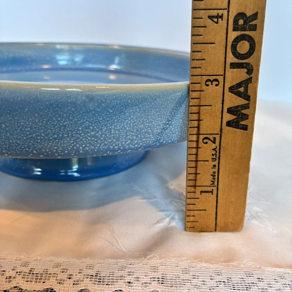 Pedestal Bowl Blue White Speckled Footed Coastal Modern Cottage Beach House